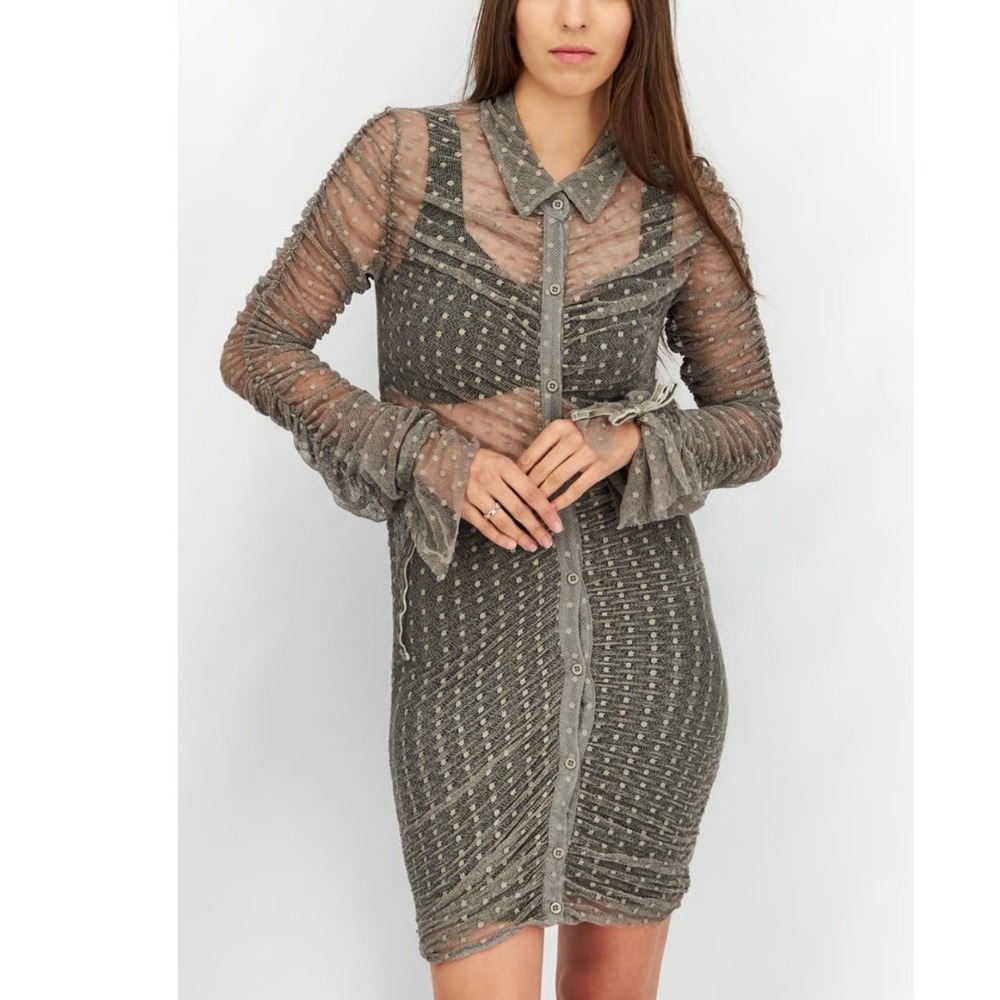 Steele Grey Sheer Mesh Ruched Mini Dress Polka Dot Long Sleeve Button Up XL NWT